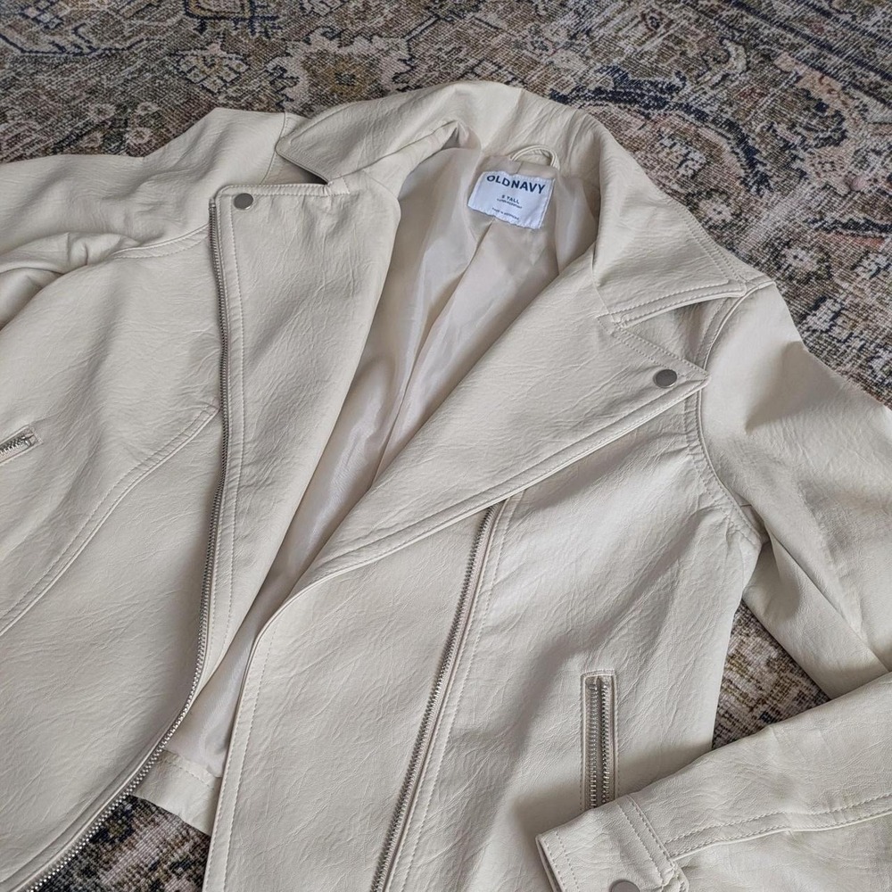 Old Navy Cream Faux Leather Moto Jacket Small Tall Off White Vegan Biker